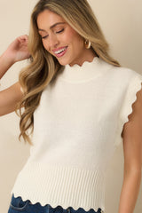 Sweetly Said White Textured Knit Scalloped Edge Sleeveless Cropped Sweater