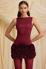 Satin Floral Appliqué Open-Back Mini Dress in Wine Red
