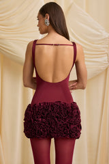 Satin Floral Appliqué Open-Back Mini Dress in Wine Red