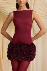 Satin Floral Appliqué Open-Back Mini Dress in Wine Red