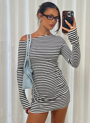 Journi Off Shoulder Long Sleeve Mini Dress Black / White Stripe