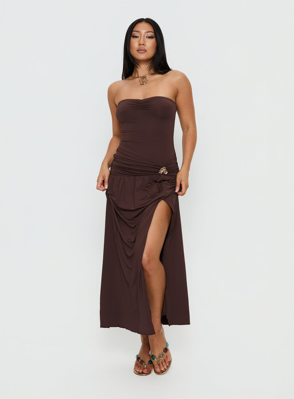 Alexe Strapless Ruched Maxi Dress Chocolate