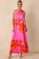 No Introduction Pink Multi Floral Print Satin One Shoulder Maxi Dress