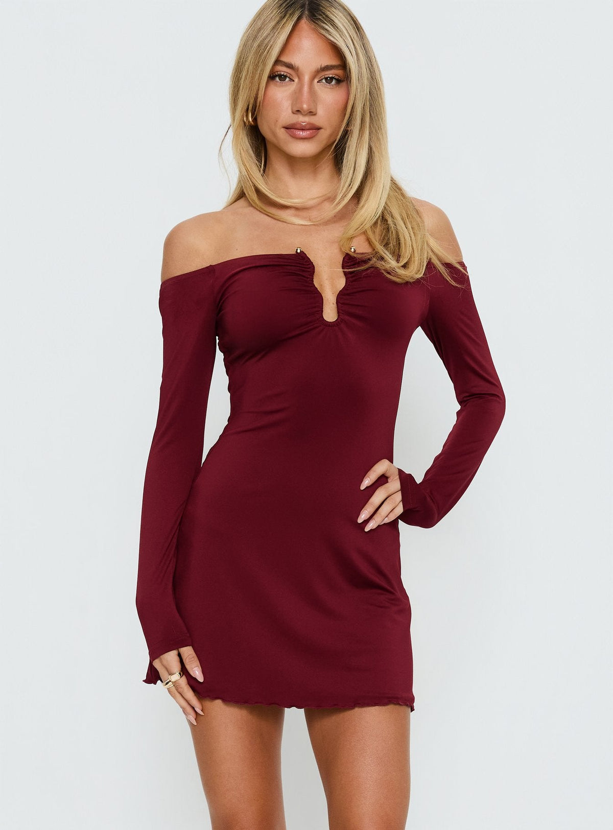 Imeralda Hardware Long Sleeve Mini Dress Burgundy