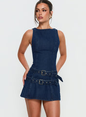 Kainer Denim Buckle Mini Dress Dark Blue Wash