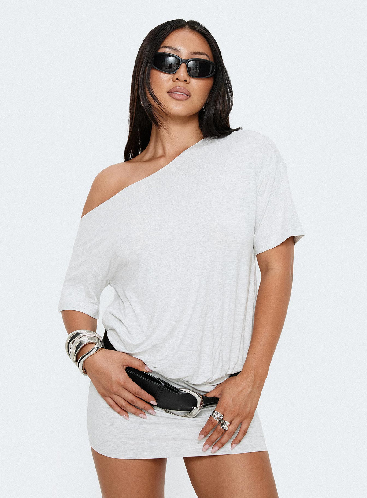 Ashlinn Off Shoulder Drapey Mini Dress Grey