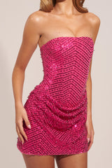 Embellished Draped Strapless A-Line Mini Dress in Hot Pink