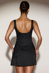 Embellished Scoop-Neck Fitted Mini Dress in Black