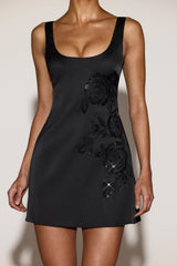 Embellished Scoop-Neck Fitted Mini Dress in Black