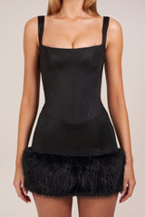 Satin Square-Neck Corset Faux-Fur Mini Dress in Black