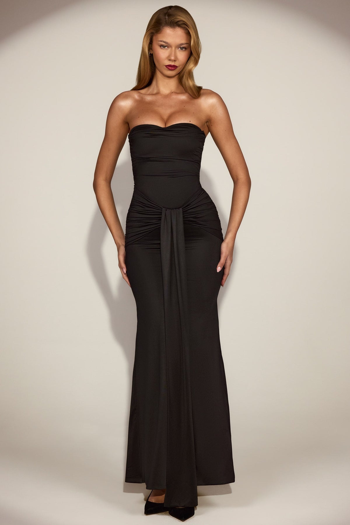 Satin Peekaboo Bandeau Draped Gown in Black
