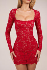 Sheer Scalloped-Lace Long-Sleeve Mini Dress in Rose Red
