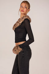 Faux Fur-Trim Sheer Mesh Cardigan in Black