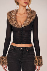 Faux Fur-Trim Sheer Mesh Cardigan in Black