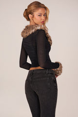 Faux Fur-Trim Sheer Mesh Cardigan in Black