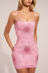 Heart-Shaped Pearl Embellished Mini Dress in Pink