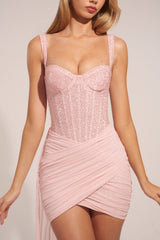 Corseted Draped Mini Dress in Blush Pink