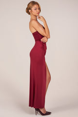 Bandeau Draped Thigh-High Maxi Dress in Cherry Red