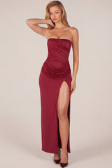 Bandeau Draped Thigh-High Maxi Dress in Cherry Red