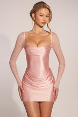 Long-Sleeve Draped Mini Dress in Blush Pink