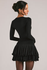 V-Neck Ruffle Skirt Mini Dress in Black