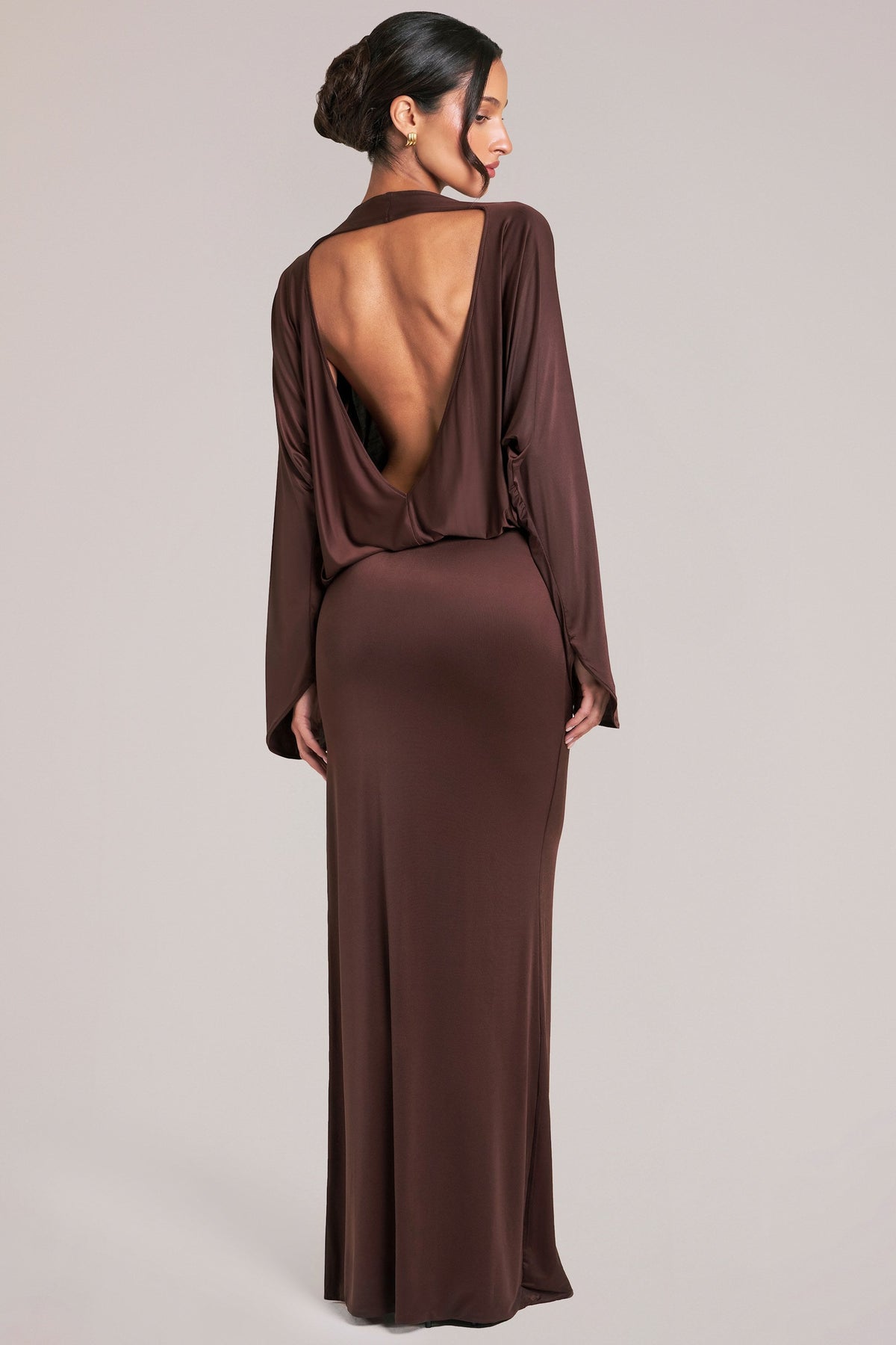 Long-Sleeve Draped Maxi Dress in Chocolate Brown