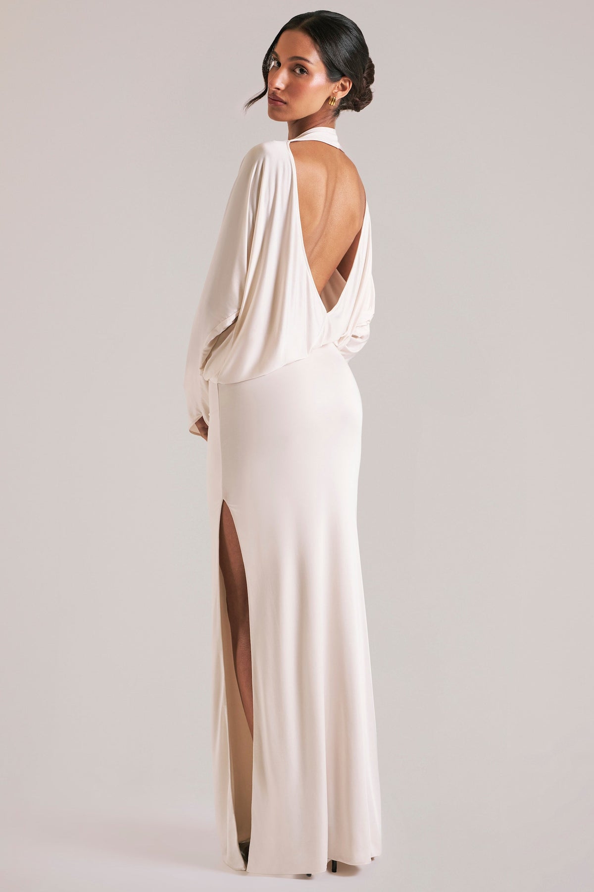 Long-Sleeve Draped Maxi Dress in Ivory