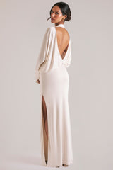 Long-Sleeve Draped Maxi Dress in Ivory