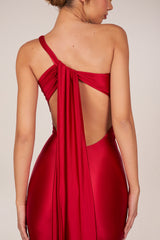 Asymmetric Tie-Back Gown in Rose Red