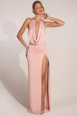 Cowl-Neck Thigh-High Gown in Blush Pink