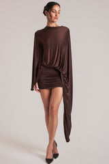 Draped Cape Mini Dress  in Chocolate Brown