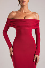 Off-Shoulder Long-Sleeve Maxi Dress in Cherry Red