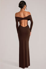 Off-Shoulder Long-Sleeve Maxi Dress in Chocolate Brown