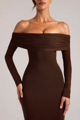 Off-Shoulder Long-Sleeve Maxi Dress in Chocolate Brown