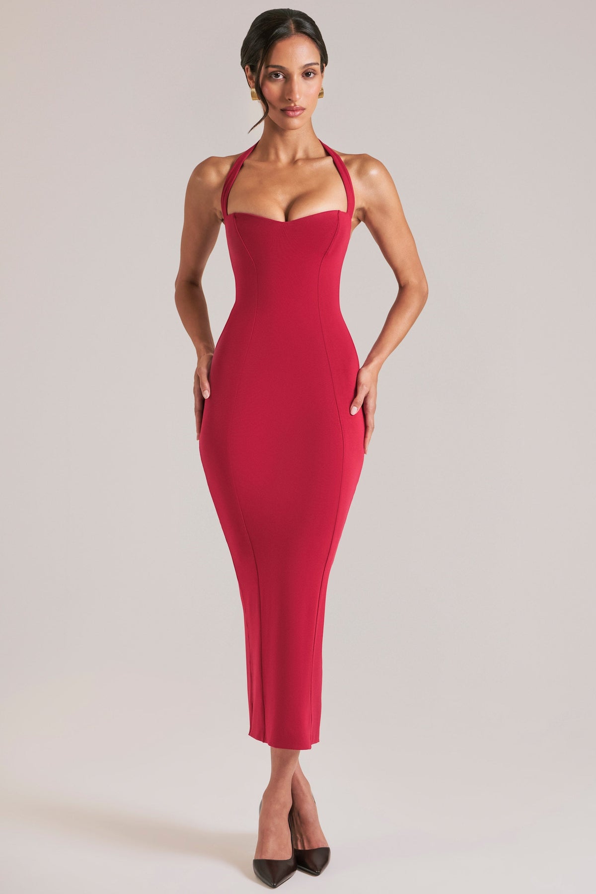 Halterneck Midaxi Dress in Cherry Red