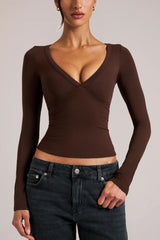 V-Neck Long-Sleeve Top  in Chocolate Brown