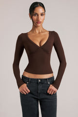 V-Neck Long-Sleeve Top  in Chocolate Brown