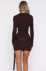 Chasing Sunbeams Knit Long Sleeve Mini Dress Chocolate