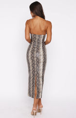 She's A Queen PU Midi Dress Tan Snake