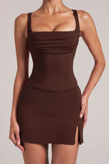 Mid-Rise Bodycon Ultra Mini Skirt with Split in Chocolate Brown