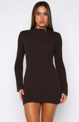 Get On Down Long Sleeve Knit Mini Dress Chocolate