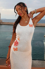 Butterfly Blossom Sequin Knit Maxi Dress White