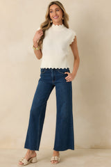 Sweetly Said White Textured Knit Scalloped Edge Sleeveless Cropped Sweater
