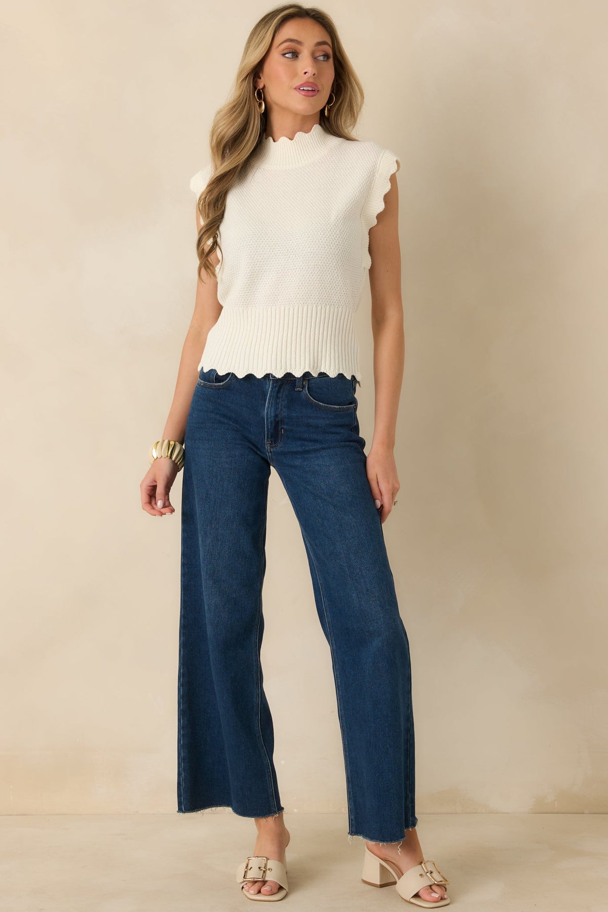 Sweetly Said White Textured Knit Scalloped Edge Sleeveless Cropped Sweater