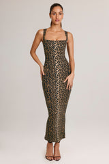 Modal Square-Neck Bodycon Midi Dress in Leopard Print
